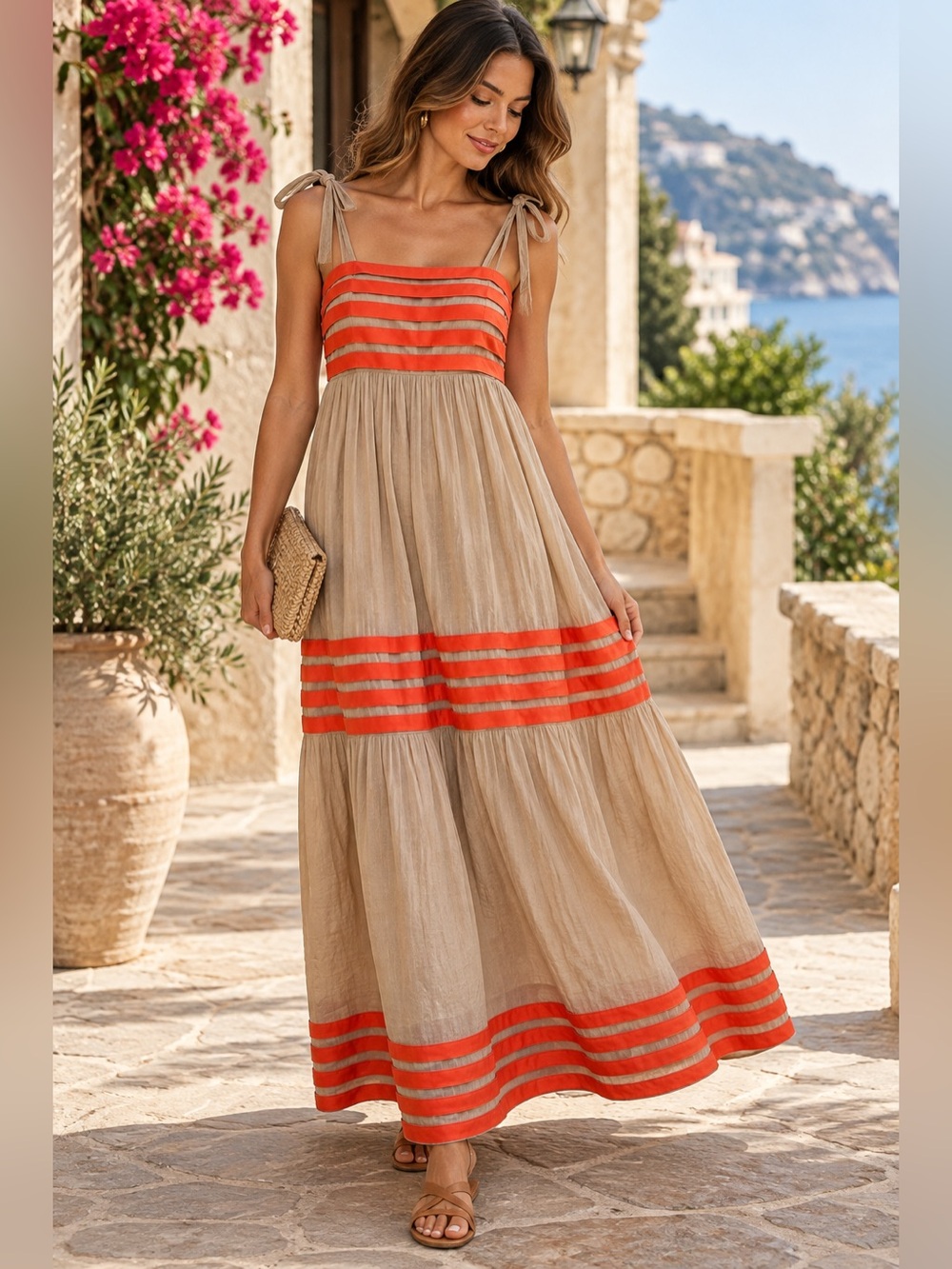 A’reve Tiered Maxi Sundress Small Beige Coral Orange Ribbon Boho Coastal Grandma